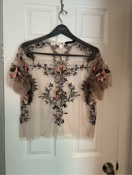 Zara Tops - Zara Sheer pink Top with Multicolor Floral Embroidery
